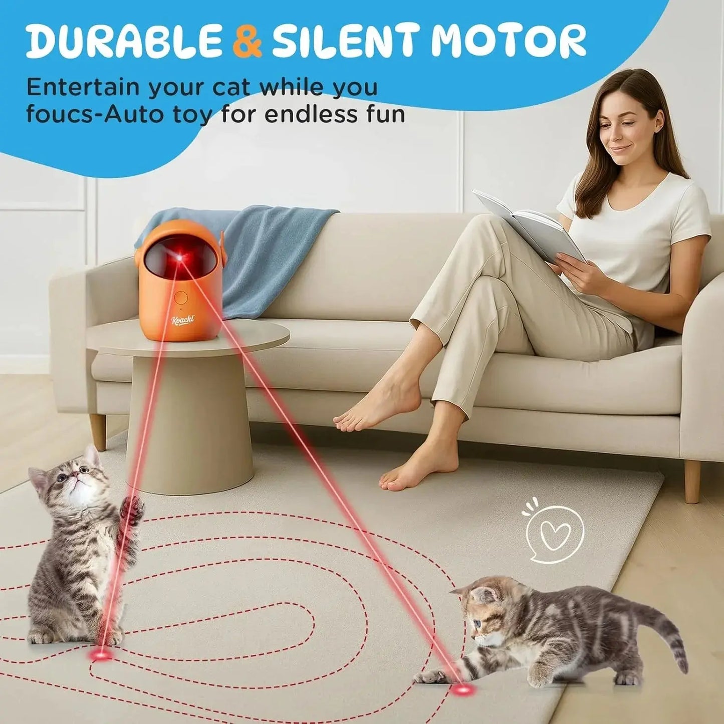 Koackl Interactive Cat Toys for Indoor Cats, Cat Laser Pointer Toy, Rechargeable Automatic Cat Toy with Timer & Speed Modes for Cats Dogs Training and Exercise(Orange) KOACKL