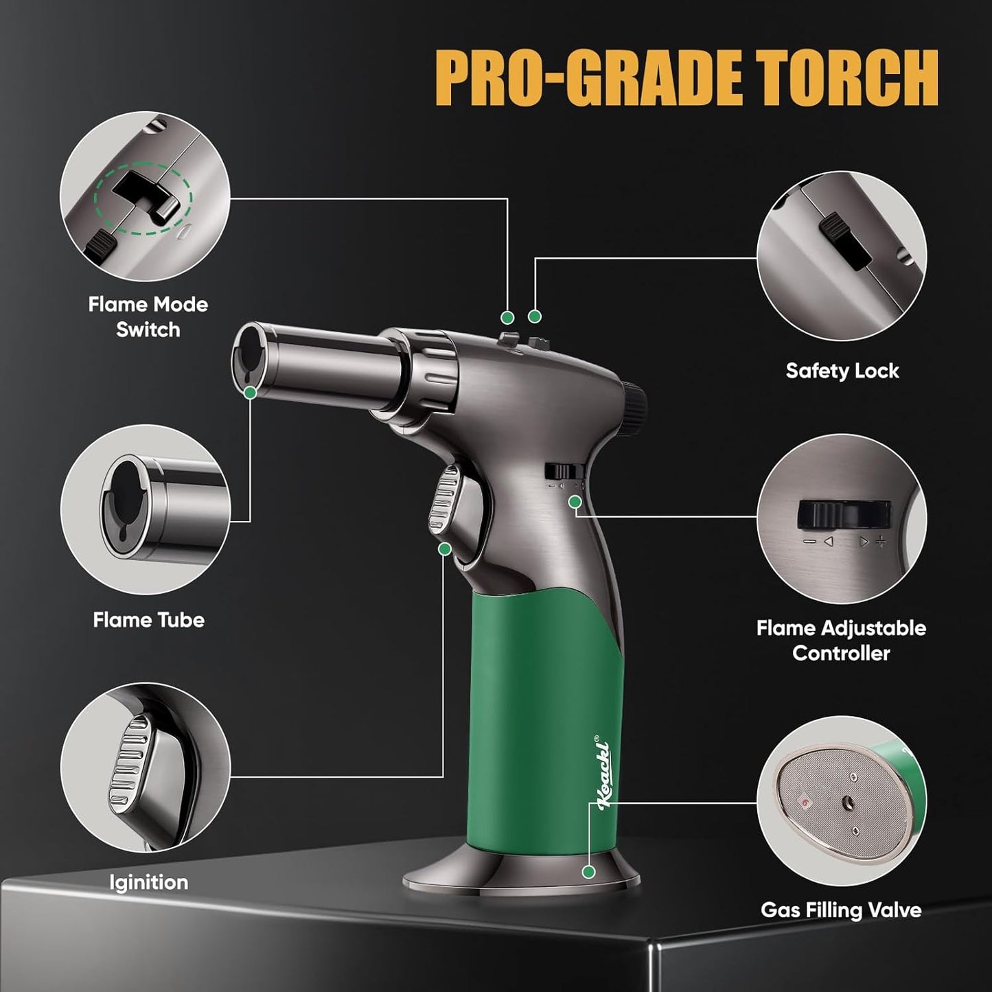 KOACKL Pro-Grade Butane Torch with Safety Lock and Ignition Button