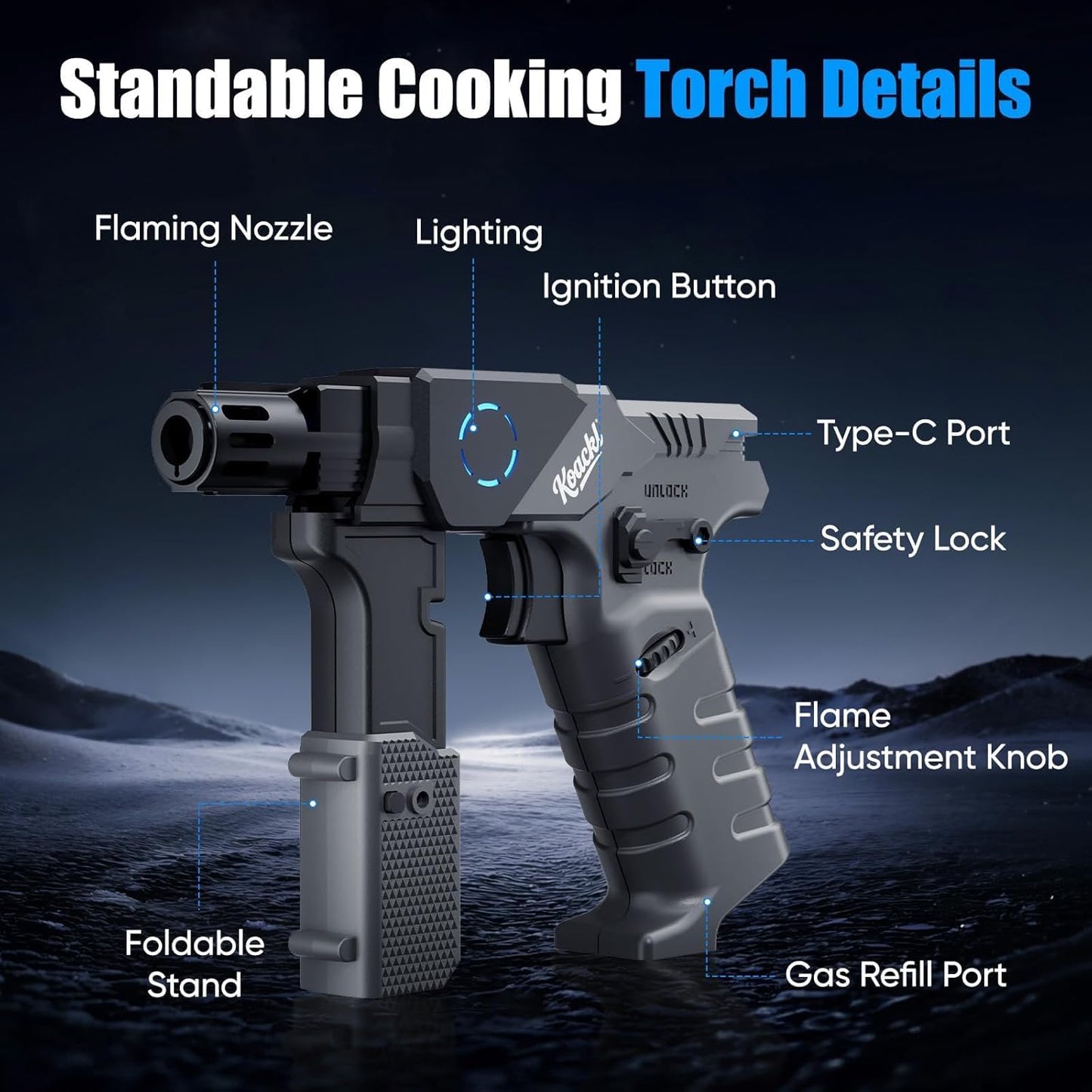 KOACKL Foldable Cooking Torch with Stand and Safety Lock
