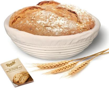 Banneton Bread Proofing Basket, Sourdough Starter Kit, 9 Inch Round Banneton Basket, Proofing Basket, Sourdough Bread Making Tools with Cloth Liners for Making Beautiful Bread KOACKL