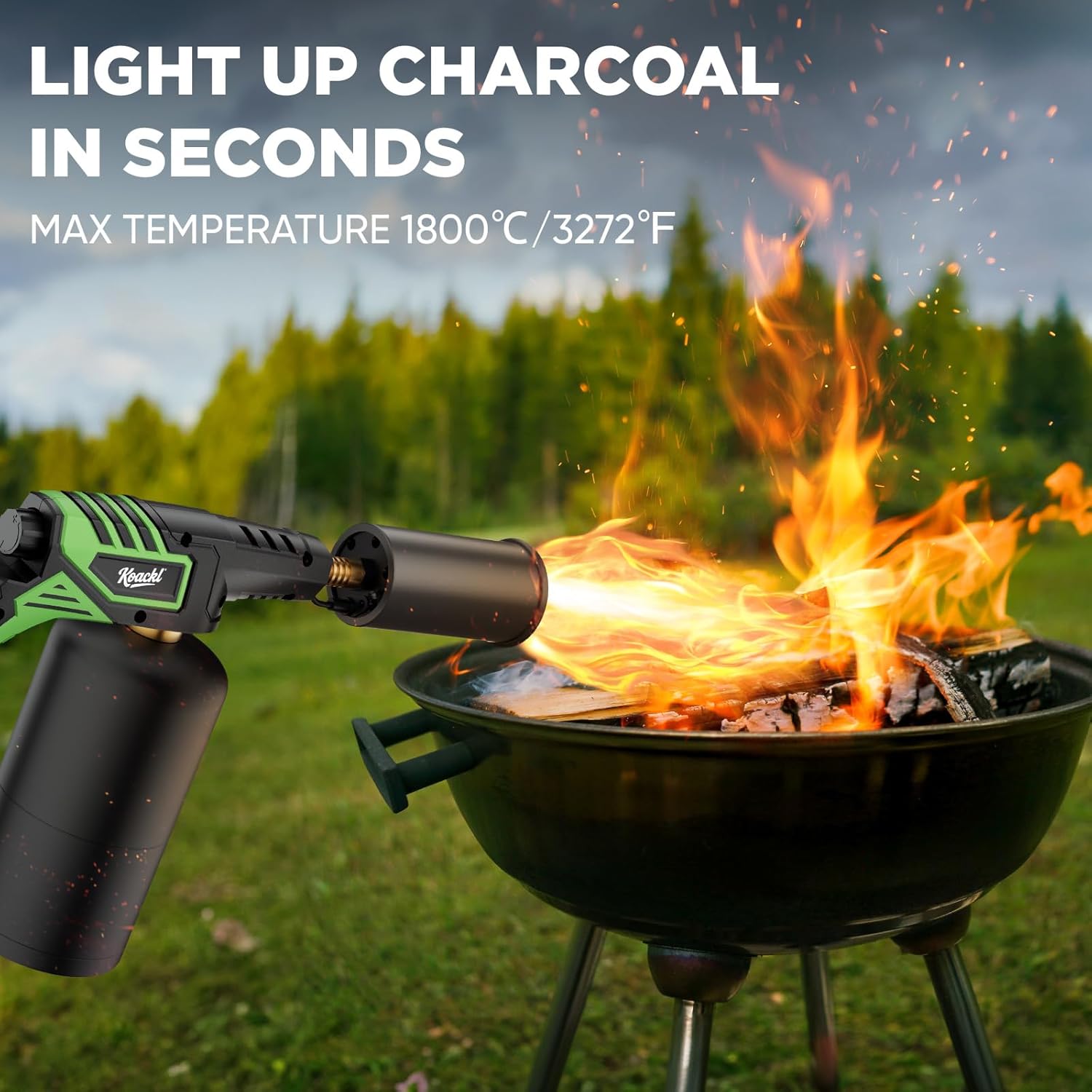 KOACKL Green Propane Torch Igniting Charcoal in Seconds