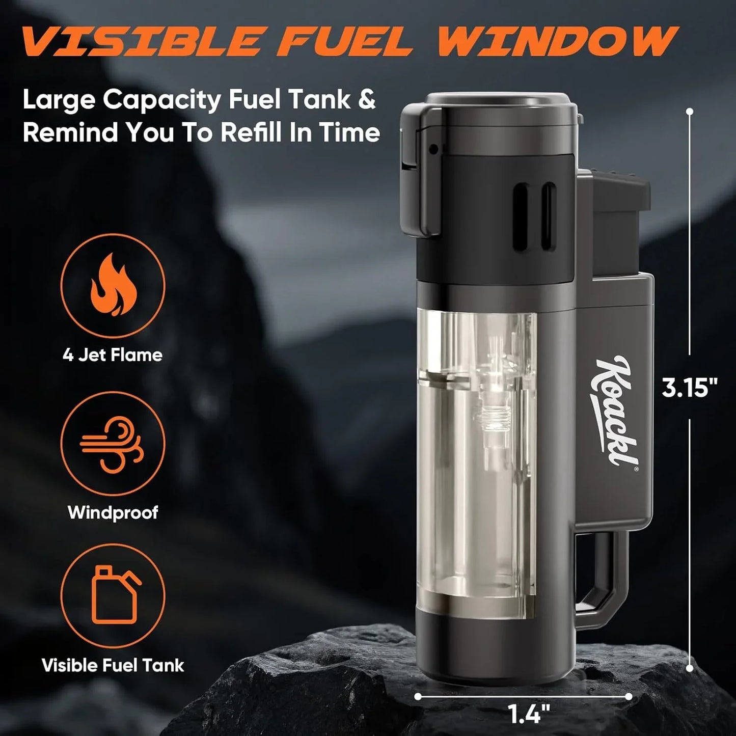 KOACKL Windproof Butane Torch with Visible Fuel Window and 4 Jet Flame