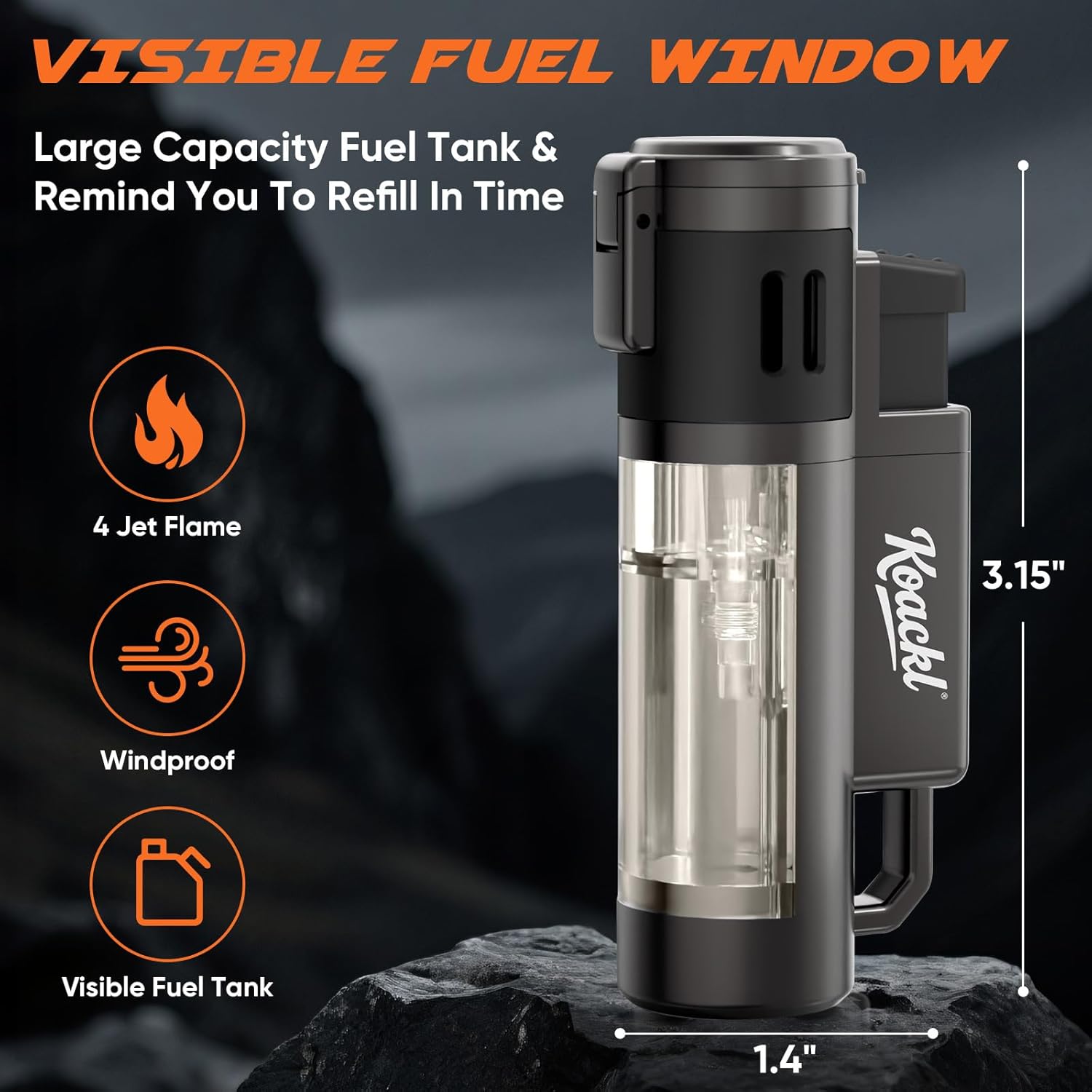 KOACKL Windproof Butane Torch with Visible Fuel Window and 4 Jet Flame