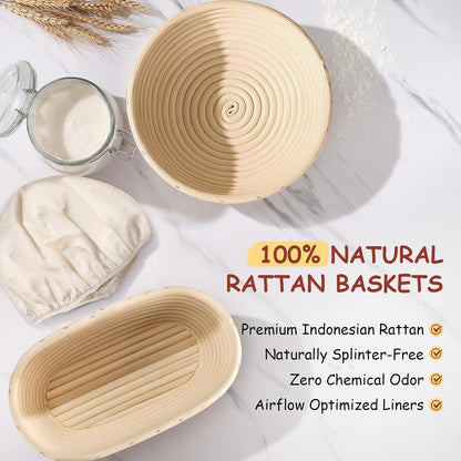 KOACKL 100% Natural Rattan Bread Banneton Baskets with Liners