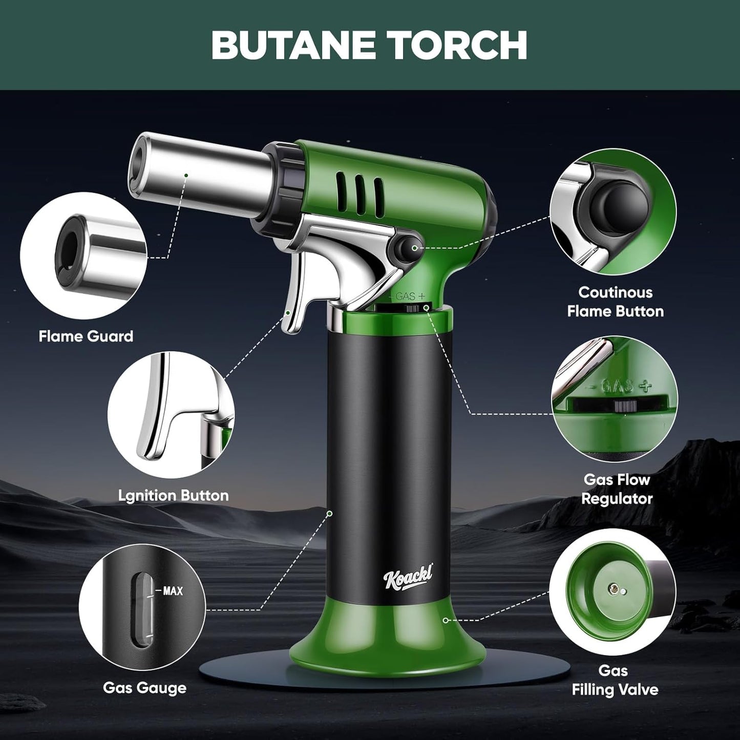 KOACKL Butane Torch with Ignition Button and Continuous Flame