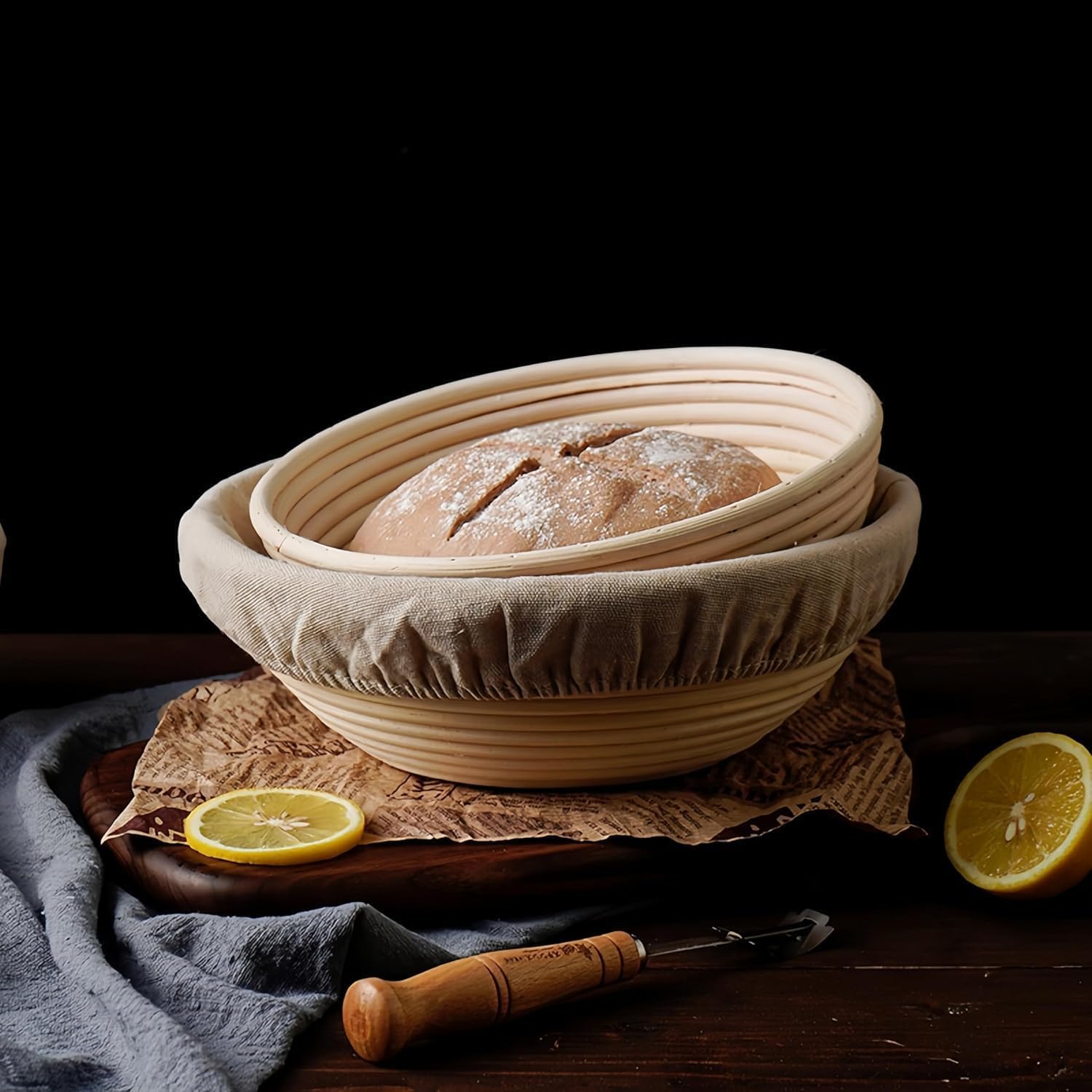 Banneton Bread Proofing Basket, Sourdough Starter Kit, 9 Inch Round Banneton Basket, Proofing Basket, Sourdough Bread Making Tools with Cloth Liners for Making Beautiful Bread KOACKL
