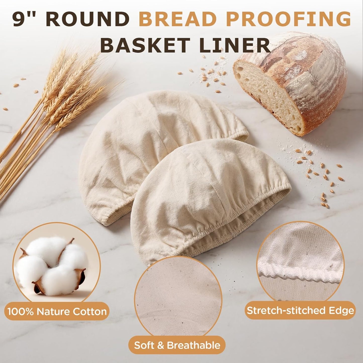 KOACKL 9" Round Bread Proofing Basket Liner, 100% Natural Cotton