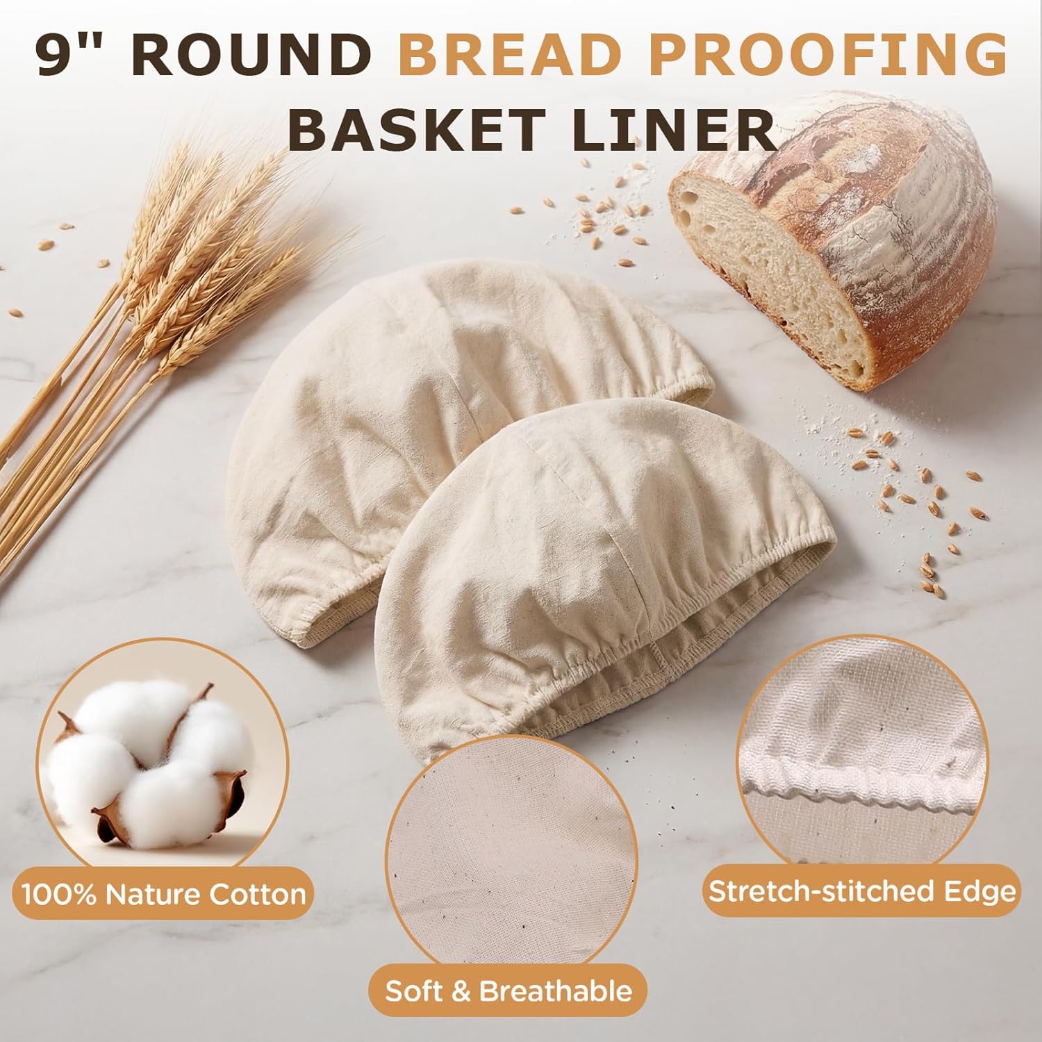 KOACKL 9" Round Bread Proofing Basket Liner, 100% Natural Cotton