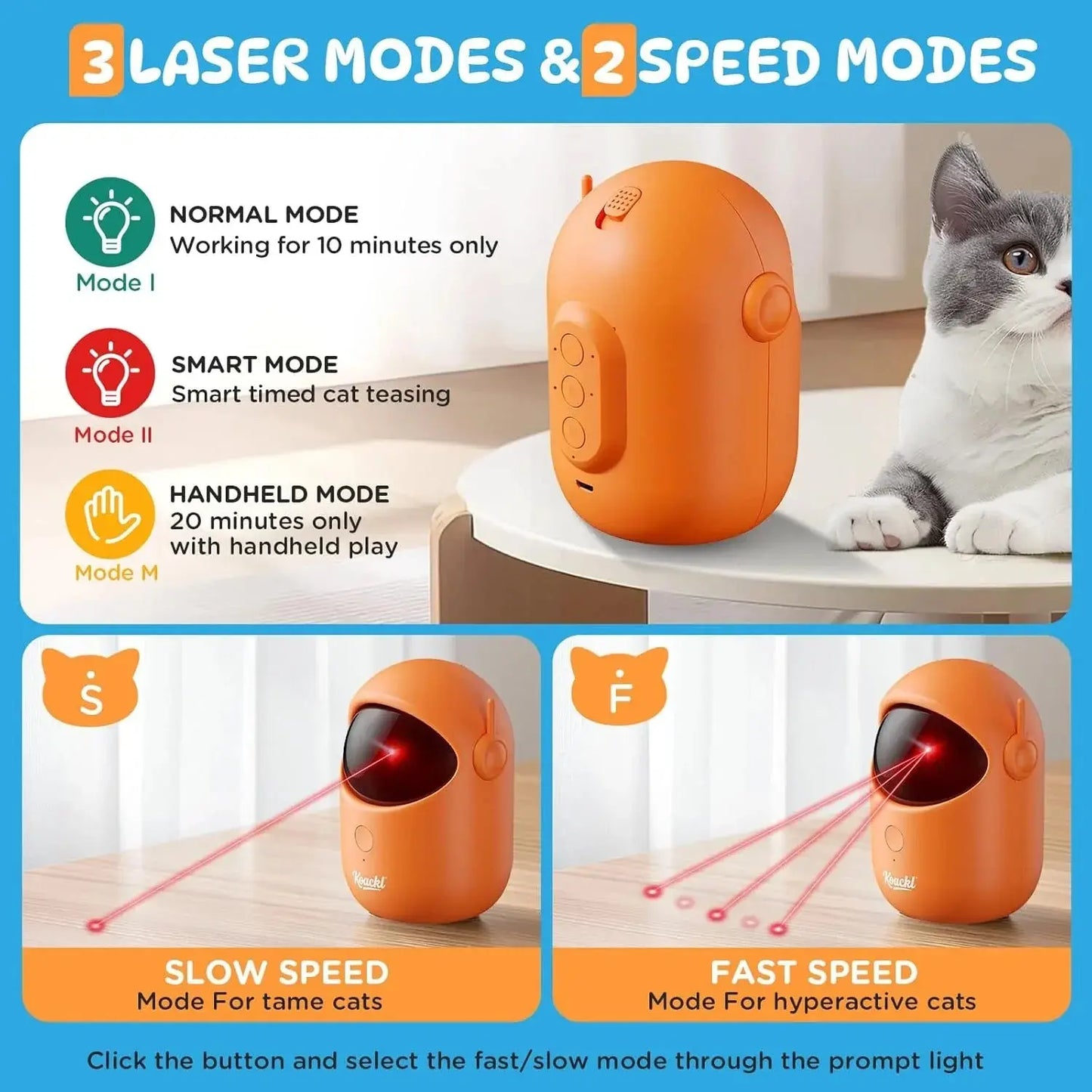 Koackl Interactive Cat Toys for Indoor Cats, Cat Laser Pointer Toy, Rechargeable Automatic Cat Toy with Timer & Speed Modes for Cats Dogs Training and Exercise(Orange) KOACKL
