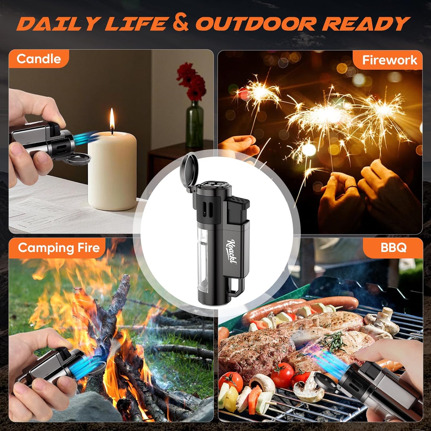 KOACKL Quad Flame Torch Lighter for Candles, BBQ and Fireworks