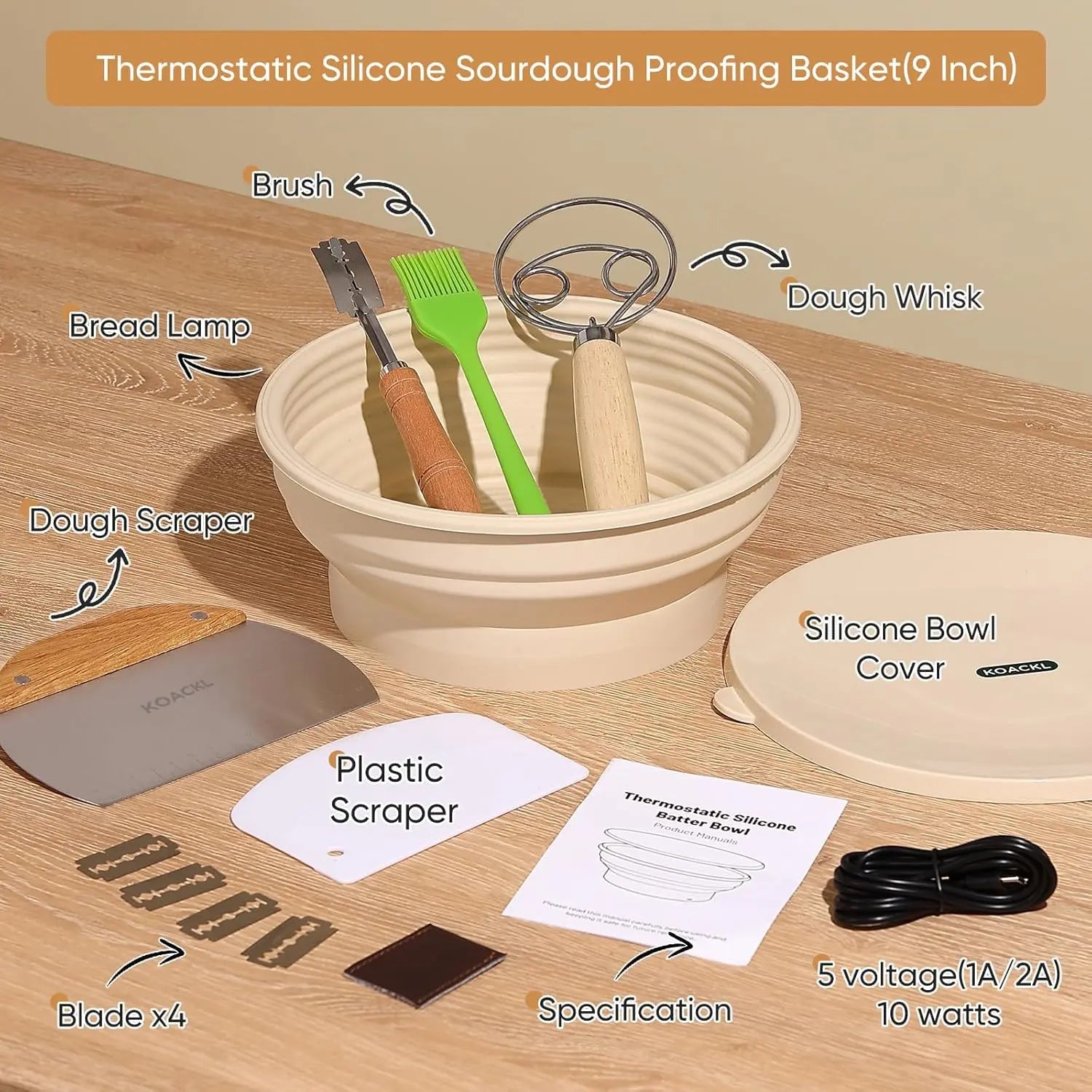 KOACKL Sourdough Starter Warmer, 9 Inch Foldable Thermostatic Silicone Bread Proofing Basket, Adjustable Heating Sourdough Bread Baking Supplies with Lid KOACKL