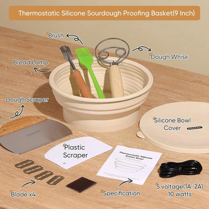 KOACKL Sourdough Starter Warmer, 9 Inch Foldable Thermostatic Silicone Bread Proofing Basket, Adjustable Heating Sourdough Bread Baking Supplies with Lid KOACKL