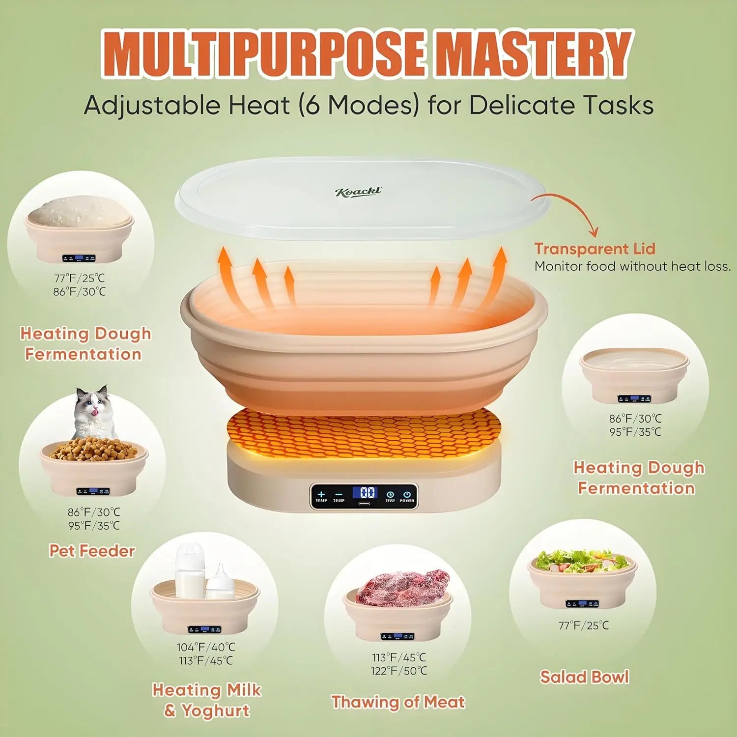 KOACKL Upgraded Sourdough Starter Warmer, Precise 6 level Thermostat Control (77-122°F) Silicone Sourdough Warming Bowl, Auto Warming On/Off, 6-Hour Timer Sourdough Warmer with Sourdough Starter Kit KOACKL