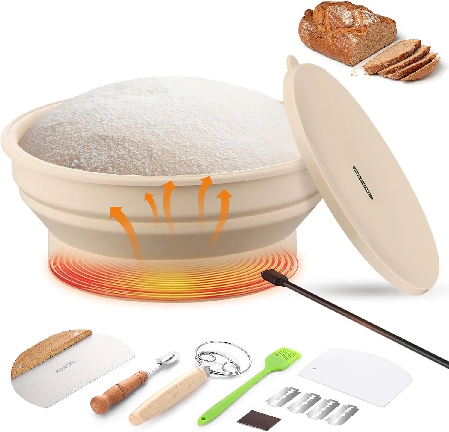 KOACKL Sourdough Starter Warmer, 9 Inch Foldable Thermostatic Silicone Bread Proofing Basket, Adjustable Heating Sourdough Bread Baking Supplies with Lid KOACKL