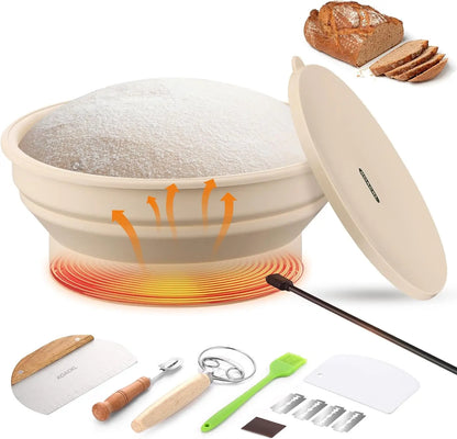 KOACKL Sourdough Starter Warmer, 9 Inch Foldable Thermostatic Silicone Bread Proofing Basket, Adjustable Heating Sourdough Bread Baking Supplies with Lid KOACKL