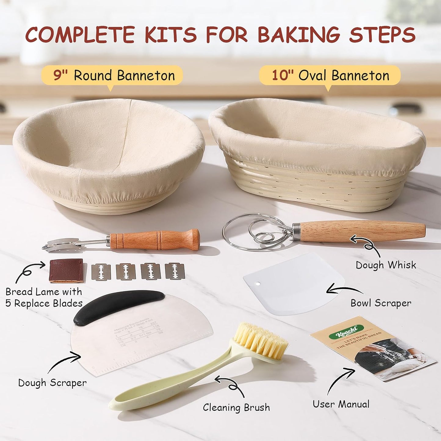 KOACKL Complete Bread Baking Kit with Bannetons, Lame and Whisk