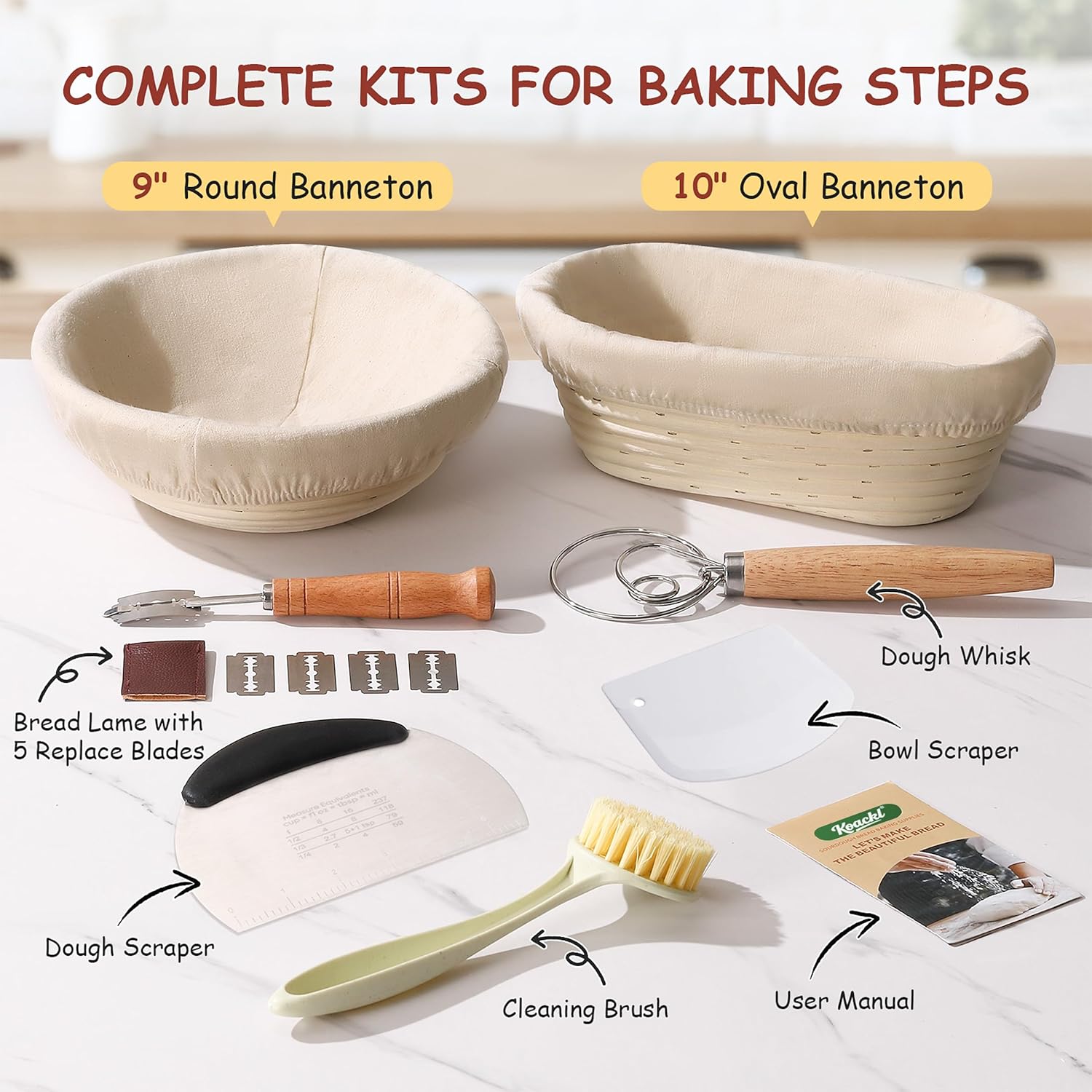 KOACKL Complete Bread Baking Kit with Bannetons, Lame and Whisk