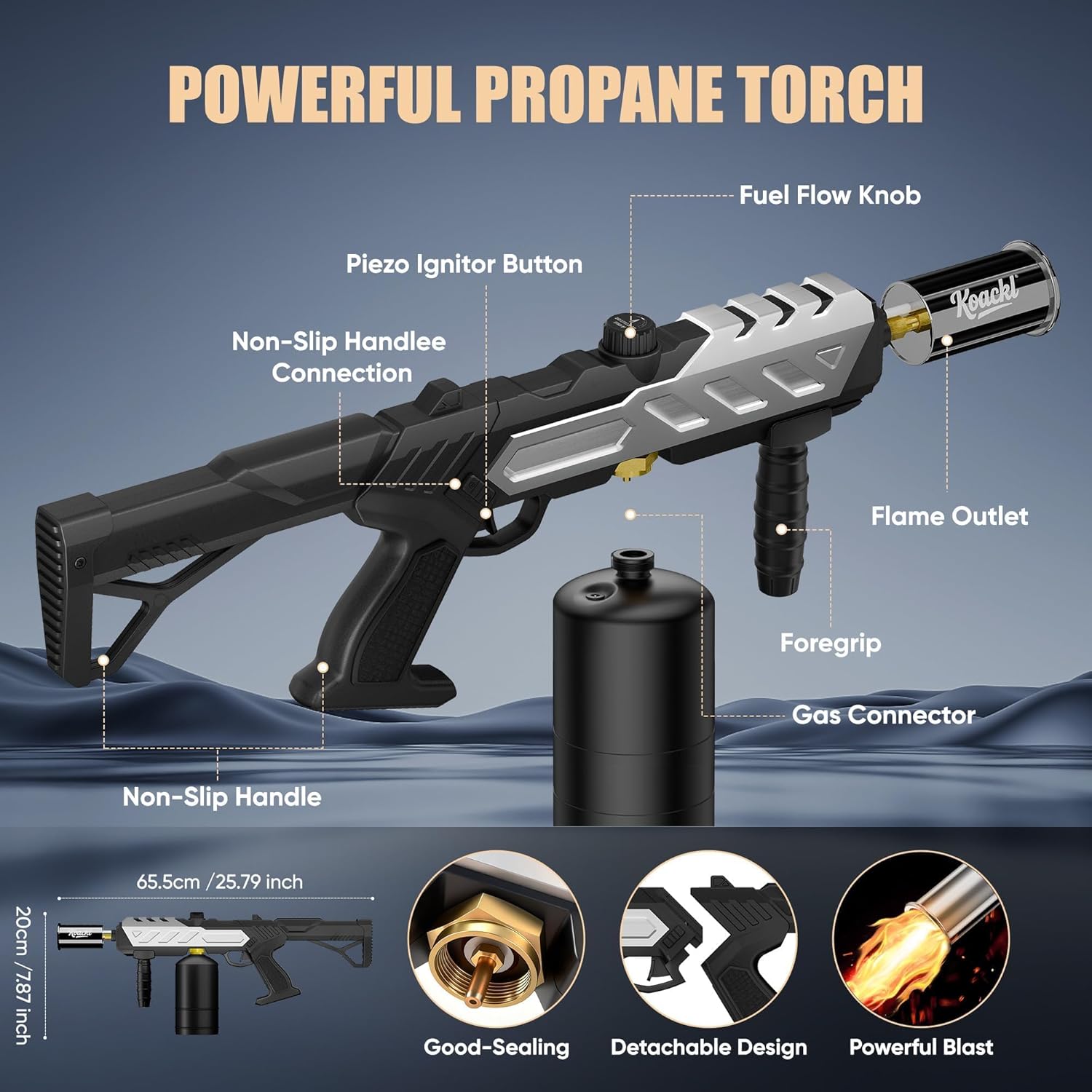 KOACKL Propane Torch Diagram with Piezo Igniter and Fuel Knob
